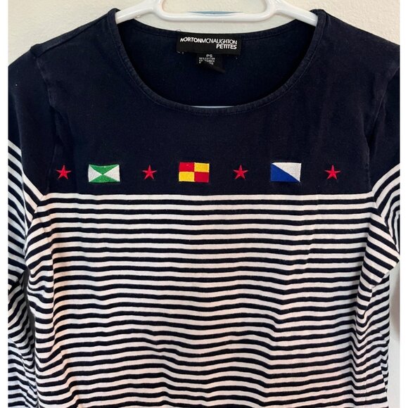 Norton McNaughton Striped 3/4 Sleeve Top Navy White Nautical Flags Top Sz SP - Picture 4 of 7